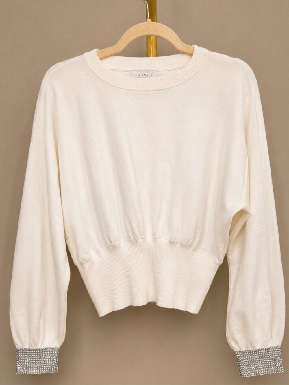 GUESS Dove White Rhinestone Cuff Sweater Blouse Size L NWT